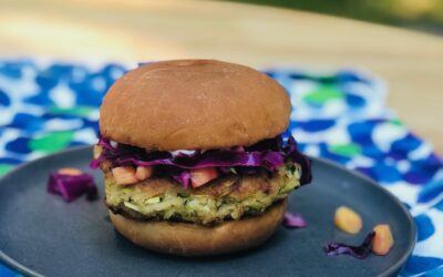 West African Fonio Burgers with Mango Cabbage Slaw & Chermoula Sauce