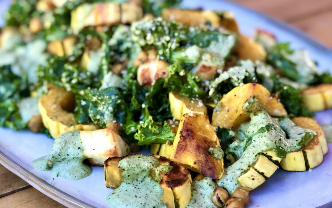 Delicata Squash Salad with Crispy Paneer and Creamy Cilantro Dressing