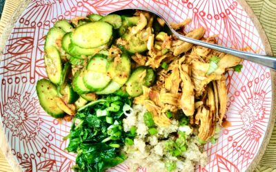 Korean Chicken Grain Bowls with Kimchi Cucumber Salad