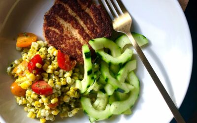 Norwegian Style Salmon Cakes with Dilled Cucumbers & Corn Salad