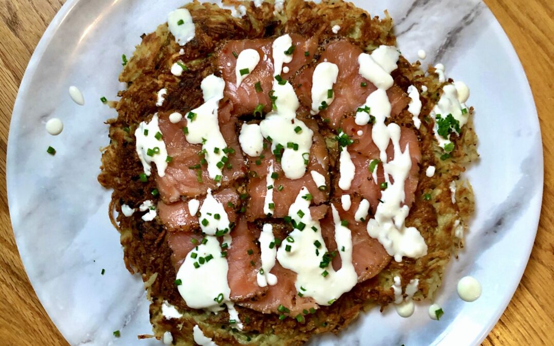 Skillet Latke with Smoked Salmon and Lemon Crème Fraiche