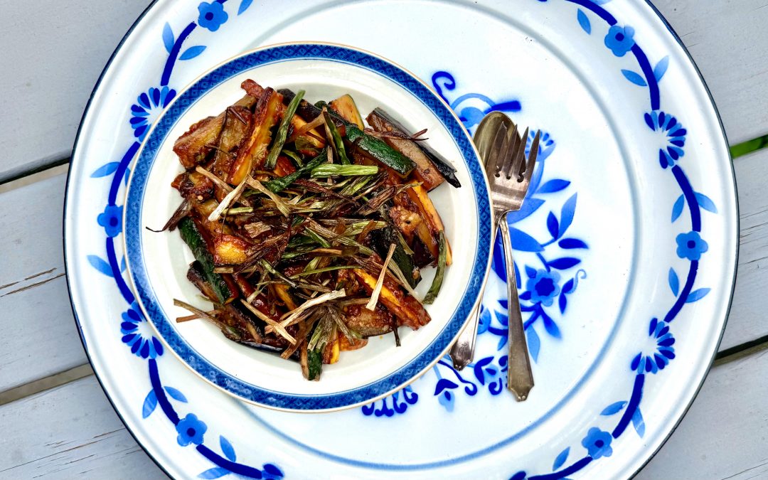 Korean Spiced Eggplant and Zucchini with Crispy Scallions 