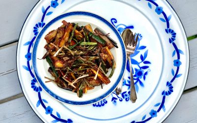 Korean Spiced Eggplant and Zucchini with Crispy Scallions 