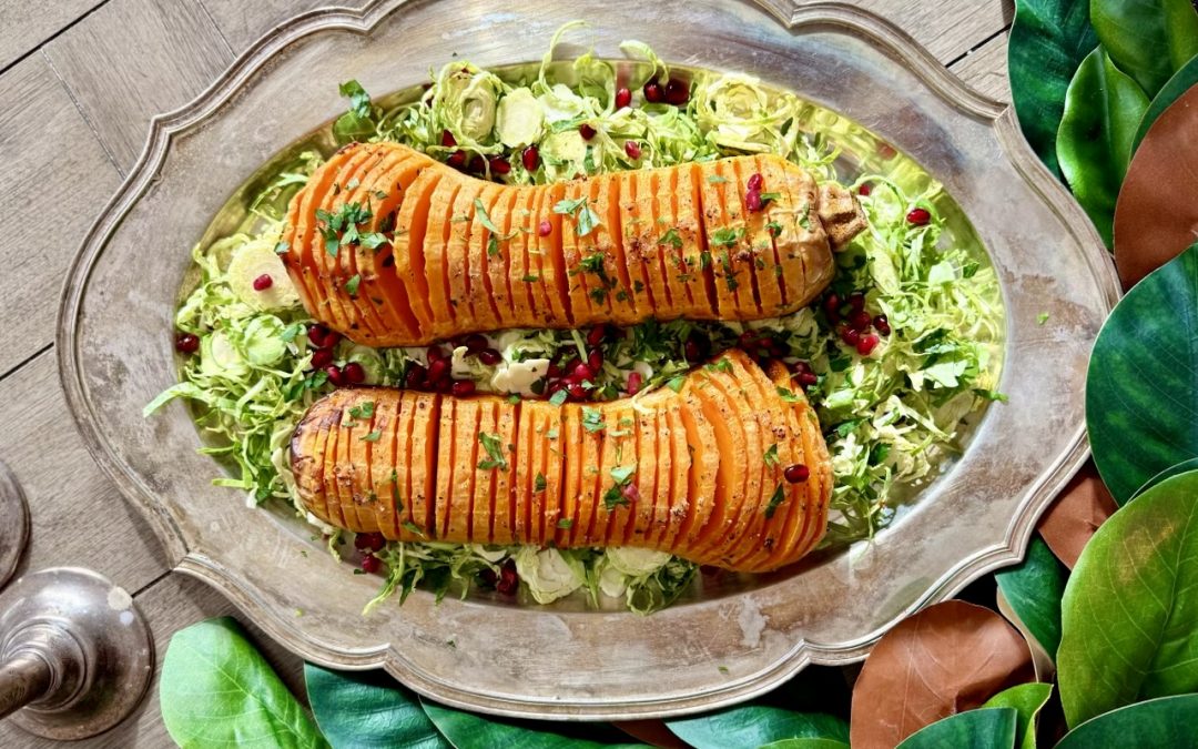 Hasselback Butternut Squash with Shaved Brussels Sprout Salad