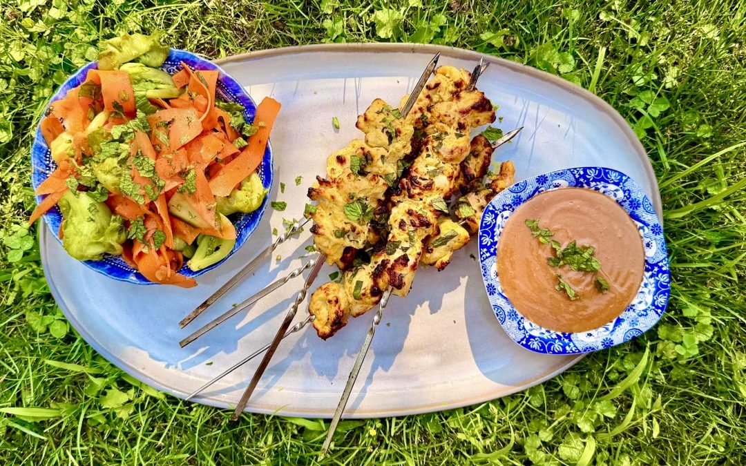 Thai Chicken Satay with Peanut Sauce and Cucumber Carrot Ribbon Salad