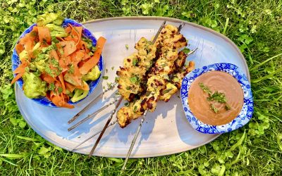 Thai Chicken Satay with Peanut Sauce and Cucumber Carrot Ribbon Salad